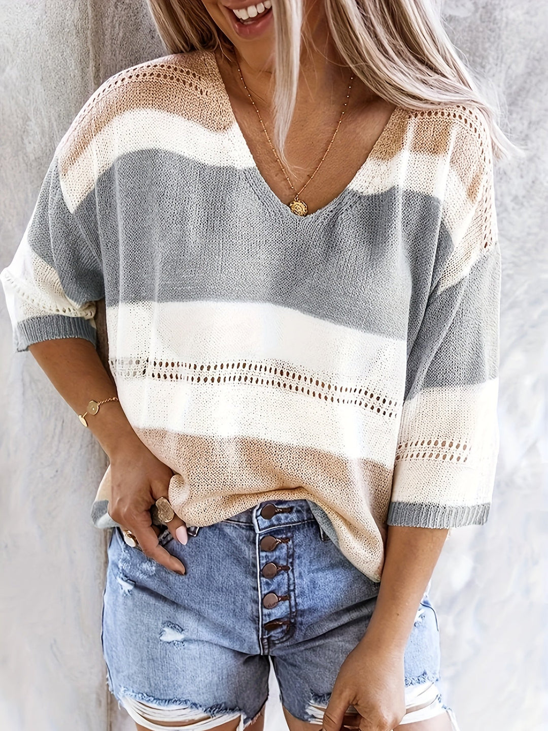 Maya™ | Color‑Block V‑Neck Knit Top