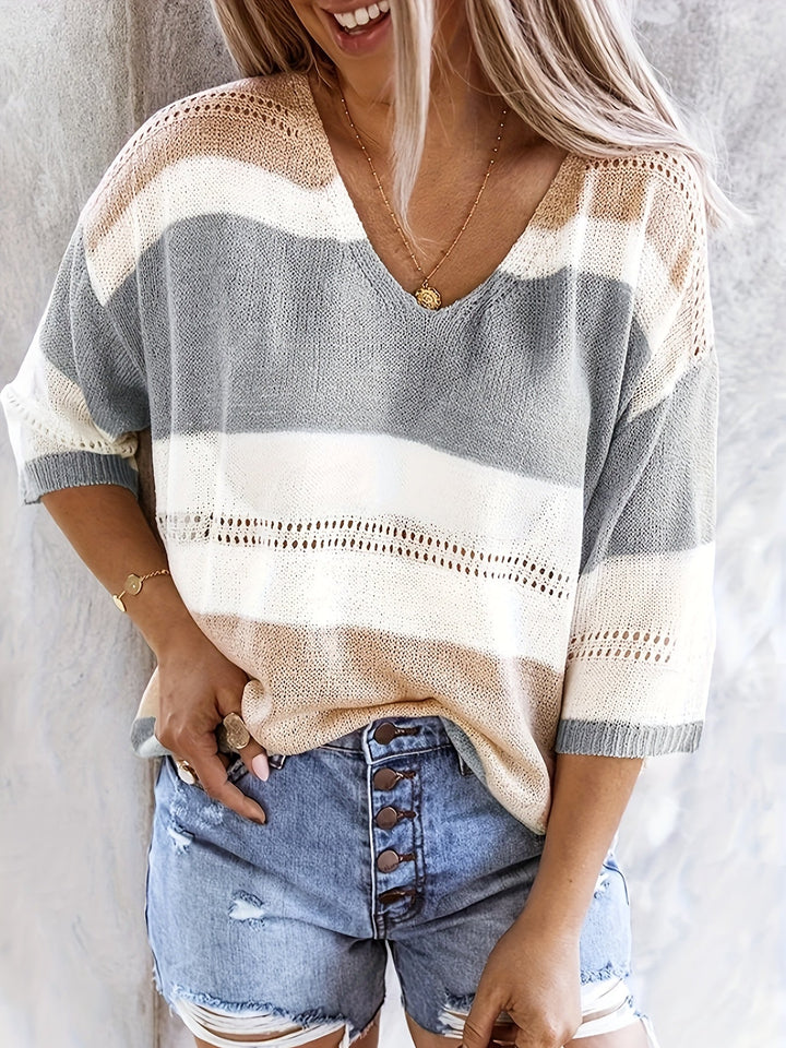 Maya™ | Color‑Block V‑Neck Knit Top