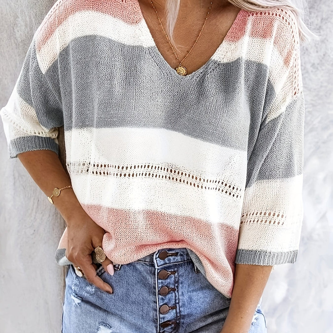 Maya™ | Color‑Block V‑Neck Knit Top