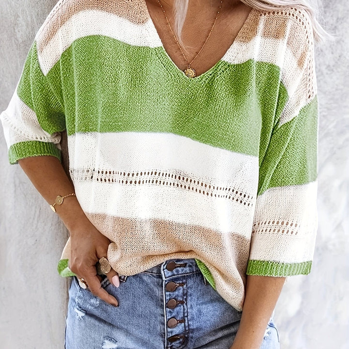 Maya™ | Color‑Block V‑Neck Knit Top