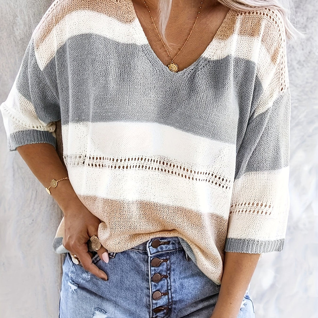 Maya™ | Color‑Block V‑Neck Knit Top