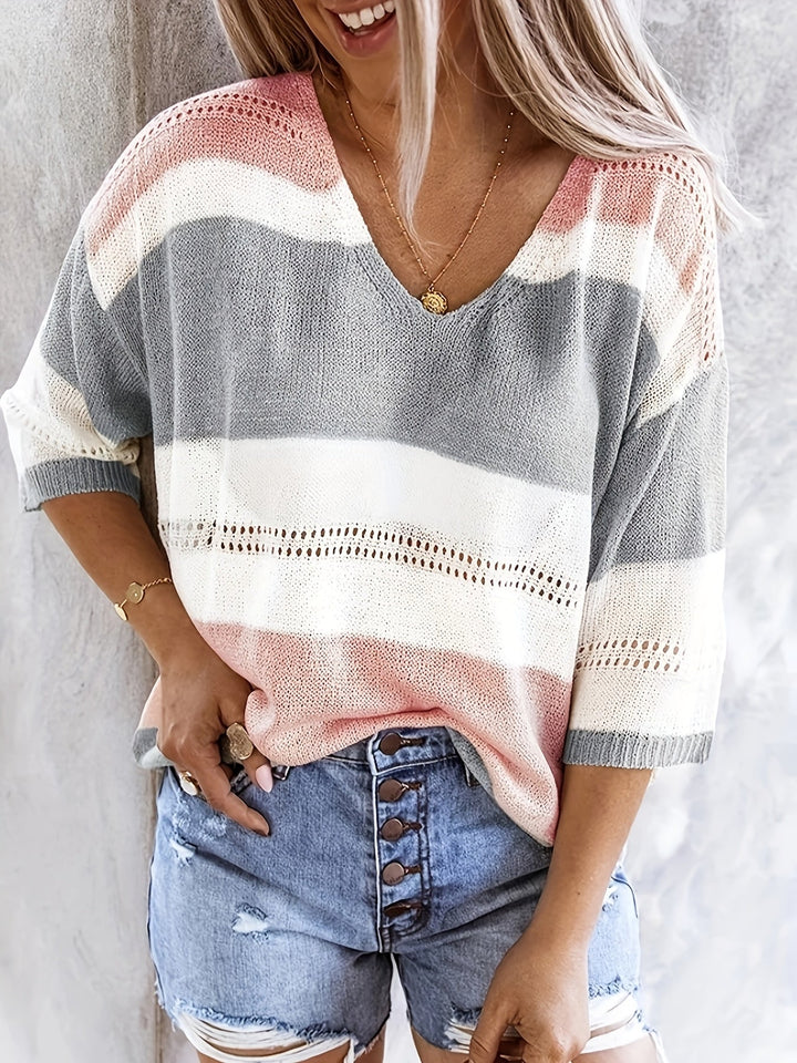 Maya™ | Color‑Block V‑Neck Knit Top