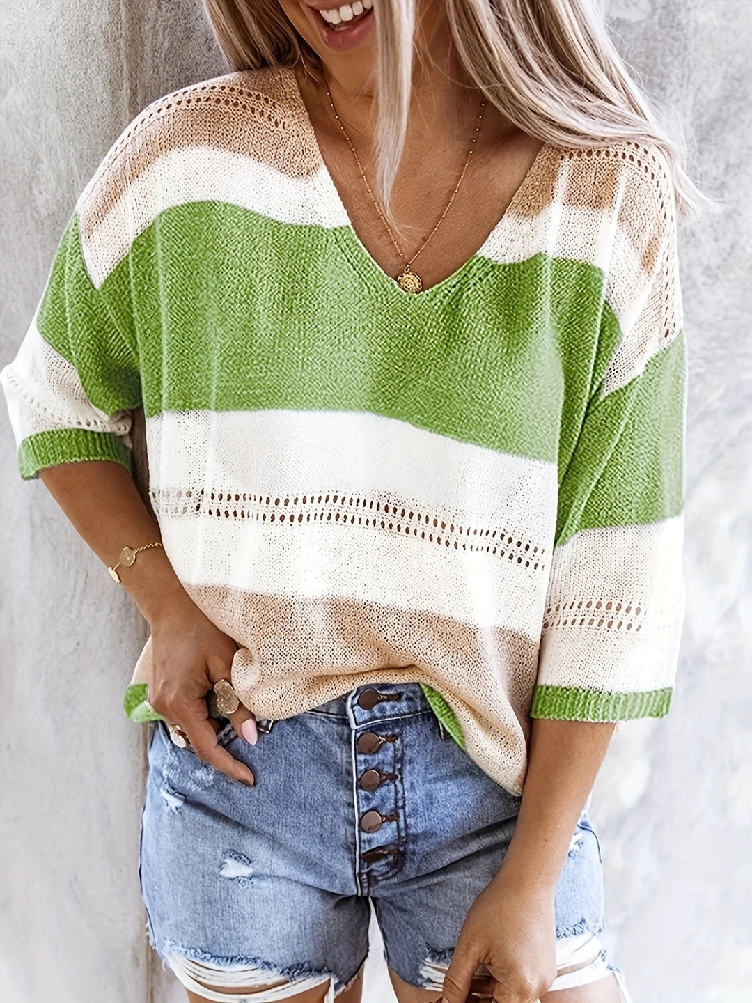 Maya™ | Color‑Block V‑Neck Knit Top
